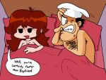  1boy 1girl bed bedroom big_breasts big_eyes black_eyes black_hair censored chef_hat crossover english_text friday_night_funkin girlfriend_(friday_night_funkin) looking_away nervous ntr nude on_bed peppino_spaghetti pizza_tower red_hair text 
