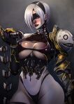  1girl absurd_res armor big_breasts black_blindfold black_gloves black_hairband black_thighhighs blindfold blue_eyes breasts clawed_gauntlets cleavage cleavage_cutout clothing_cutout commentary_request covered_navel covered_nipples elbow_gloves emil_(nier) fusion gauntlets gloves grey_hair hair_over_one_eye hairband high_res highleg highleg_leotard holding holding_weapon isabella_valentine leotard lipstick looking_at_viewer makeup multicolored_leotard nier:automata nier_(series) nose one_eye_covered pauldrons red_lips revealing_clothes short_hair shoulder_armor single_gauntlet single_pauldron soul_calibur stockings thick_thighs thighs under_boob underboob_cutout weapon whip_sword xuuikie_ashe yorha_no._2_type_b 