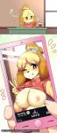  1girl animal_crossing anthro big_breasts blush breasts canid canine canis cellphone clothed clothing domestic_dog flashing fur furry hair high_res huge_breasts isabelle_(animal_crossing) looking_at_viewer mammal musical_note nintendo nipples one_eye_closed phone princess_hinghoi selfpic shih_tzu smile smirk tongue tongue_out toy_dog v video_games wink 
