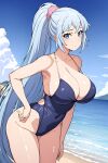  alluring bare_legs beach big_breasts bikini blue_eyes blue_sky cleavage cyan_hair kawasaki_saki nios ocean yahari_ore_no_seishun_lovecome_wa_machigatteiru. 
