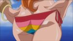  1boy 1girl animated anime_screencap ass ass_focus bikini bouncing_breasts breasts brown_eyes butt_crack cleavage gluteal_fold jewelry large_breasts long_hair nami nami_(one_piece) navel necklace one_piece one_piece_special:_glorious_island orange_hair pov screencap solo sound striped striped_bikini swimming swimsuit tattoo underwater video wet 