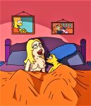  american_dad blonde_hair blue_hair breasts crossover erect_nipples francine_smith lesbian_sex marge_simpson orgasm_face the_simpsons yellow_skin yuri 
