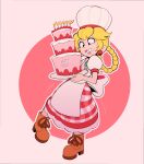  1girl 1girl balancing blonde_hair braid cake_(food) chef_hat dress nintendo princess_peach standing 