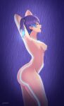  1girl alluring arms_behind_head ass bare_legs bottom_heavy breasts casual_nudity completely_nude completely_nude_female core_crystal dark_skin dat_ass happy lackatask nipples nude nude_female outdoor_nudity perky_breasts pose posing rain raining sena_(xenoblade) side_ponytail side_view small_breasts smile teen water wet wet_body wet_hair xenoblade_(series) xenoblade_chronicles_3 