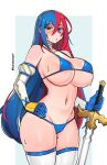  1girl 1girl 1girl adapted_costume alear_(female)_(fire_emblem) alear_(fire_emblem) alluring alternate_costume bangs big_breasts bikini blue_bikini blue_eyes blue_hair blue_swimsuit blush breasts cleavage crossed_bangs female_only fire_emblem fire_emblem_engage gloves heterochromia high_res kuromaruart liberation_(fire_emblem) long_hair looking_at_viewer multicolored_hair navel nintendo partially_visible_vulva puffy_sleeves pussy_juice pussy_juice_drip_through_clothes red_eyes red_hair split-color_hair stockings sweat swimsuit thick_thighs thighs two-tone_hair very_long_hair weapon 