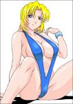  1girl 1girl alluring arm_support bare_arms bare_shoulders big_breasts bikini blonde_hair blue_eyes blue_one-piece_swimsuit breasts cameltoe covered_erect_nipples dead_or_alive dead_or_alive_2 dead_or_alive_3 dead_or_alive_4 dead_or_alive_5 dead_or_alive_6 dead_or_alive_xtreme dead_or_alive_xtreme_2 dead_or_alive_xtreme_3 dead_or_alive_xtreme_3_fortune dead_or_alive_xtreme_beach_volleyball dead_or_alive_xtreme_venus_vacation facing_viewer feet_out_of_frame looking_at_viewer medium_breasts navel one-piece_swimsuit plunging_neckline revealing_clothes rudoni simple_background sitting sling_bikni slingshot_swimsuit swimsuit tecmo tina_armstrong white_background 