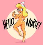  1girl animaniacs areola ass barefoot blonde_hair blue_eyes blush breasts curvy embarrassed embarrassed_nude_female enf erect_nipples exposed exposed_ass exposed_nipples exposed_pussy feet female_only hairless_pussy hello_nurse heloise_nerz herny huge_breasts human large_ass lipstick looking_back lost_clothes nipples nude nude_female nurse open_mouth pussy red_background simple_background soles solo_female sweatdrop text toes 