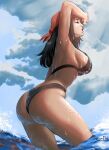  1girl 1girl alluring arms_up ass big_ass big_breasts black_bikini black_hair breasts high_res long_hair mole mole_under_mouth nintendo sharla_(xenoblade) sideboob sky swimsuit thick_thighs thighs water wet x_e11e xenoblade_(series) xenoblade_chronicles 