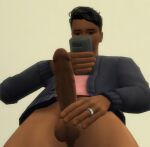 1boy 3d 3d_model adult big_balls big_penis black_penis bottomless bottomless_male dark-skinned_male dark_skin from_below gay_male holding_phone huge human lu&atilde; luan luan_tolentino male male_focus male_only married melanin nude oc onlyfans original_character penis phone porn porn_star pornstar prince privacy solo_male tasteofluan the_sims the_sims_4 twink