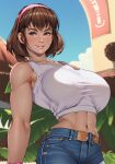 1girl ai_generated alluring athletic_female blue_eyes brown_hair dead_or_alive dead_or_alive_2 dead_or_alive_3 dead_or_alive_4 dead_or_alive_5 dead_or_alive_6 dead_or_alive_xtreme dead_or_alive_xtreme_2 dead_or_alive_xtreme_3 dead_or_alive_xtreme_3_fortune dead_or_alive_xtreme_beach_volleyball dead_or_alive_xtreme_venus_vacation female_abs fit_female hitomi hitomi_(doa) jeans shirt sochraide tecmo