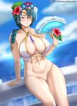 1girl abs absurd_res alluring alternate_costume arm_support athletic_female bare_legs bare_thighs big_breasts bikini blush braid breasts brown_eyes cleavage day female_abs female_only fire_emblem fire_emblem_heroes fit_female flower grin hand_fan high_res hocen legs lips looking_at_viewer medium_hair naked_from_the_waist_down navel nintendo ocean outside pussy single_braid smile teal_hair thighs thorr_(fire_emblem) thorr_(summer)_(fire_emblem)