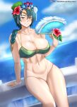 1girl abs absurd_res alluring alternate_costume arm_support athletic_female bare_legs bare_thighs big_breasts bikini blush braid breasts brown_eyes cleavage day female_abs female_only fire_emblem fire_emblem_heroes fit_female flower green_bikini green_swimsuit grin hand_fan high_res hocen legs lips looking_at_viewer medium_hair naked_from_the_waist_down navel nintendo ocean outside pussy single_braid smile teal_hair thighs thorr_(fire_emblem) thorr_(summer)_(fire_emblem)