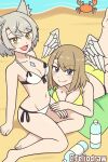  2_girls :3 alluring barefoot beach bikini blue_eyes breast_tattoo brown_hair cat_ears crab cute eunie_(xenoblade) eyebrows_visible_through_hair feet female_only grey_hair head_wings high_entia light-skinned_female looking_at_viewer mio_(xenoblade) nintendo outside sand smile swimsuit tattoo_on_breast teliodraw tied_bikini toes xenoblade_(series) xenoblade_chronicles_3 yellow_eyes 