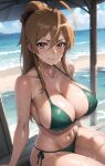  1girl 1girl ai_generated arm_support big_breasts big_breasts big_breasts bikini brown_eyes brown_hair cleavage green_bikini highschool_of_the_dead legs long_hair looking_at_viewer navel rei_miyamoto sitting smile stable_diffusion sweat thick_thighs thighs voluptuous 