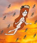 1girl 1girl 2024 bare_legs barefoot black_eyes breasts breasts brown_hair closed_mouth clouds disney disney_channel disney_xd eyebrows eyelashes feet female_only floating flying hat navel nipples open_eyes sky toes wendy_corduroy