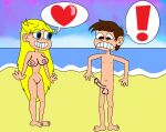   1boy 1girl blonde_hair blue_eyes breasts brown_eyes brown_hair canon_couple disney disney_channel feet heart light-skinned_female light-skinned_male marco_diaz navel nipples nude nude_beach nude_female nude_male ocean penis pink_nipples pussy star_butterfly star_vs_the_forces_of_evil toes