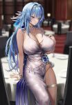 1girl 1girl bangs bare_shoulders blue_eyes blue_hair blurry_background blush bracelet breasts cleavage cowboy_shot depth_of_field dress female_only fuooooo goddess_of_victory:_nikke hair_ornament halter_dress helm_(nikke) huge_breasts indoors jewelry leaning_on_object long_hair looking_at_viewer necklace sweat sweatdrop table thigh_strap thighs