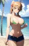  1girl 1girl 1girl ai_generated arm_support beach big_breasts big_breasts big_breasts bikini brown_eyes brown_hair cleavage denim denim_shorts female_only green_bikini highschool_of_the_dead legs long_hair looking_at_viewer navel ocean rei_miyamoto sensual shorts smile stable_diffusion sweat thick_thighs thighs thong_bikini voluptuous water 