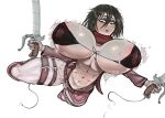 1girl abs alternate_version_available attack_on_titan black_hair breasts_bigger_than_head breasts_out_of_clothes female_only huge_breasts mikasa_ackerman nipples orphielll scarf shingeki_no_kyojin simple_background solo_female wardrobe_malfunction white_background