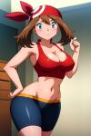  1girl alluring big_breasts blue_eyes brown_hair cleavage gym_shorts hand_on_hip haruka_(pokemon) legs may may_(pokemon) pokemon pokemon_(anime) pokemon_rse pokemon_rse_(anime) posing sports_bra zengai 