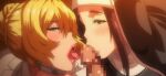  anime double_fellatio fellatio hentai licking licking_penis looking_at_viewer meikoku_gakuen_jutai_hen meikoku_gakuen_jutai_hen:_onegaishimasu......_sensei_no_seieki_de_watashi-tachi_wo_tasukete_hoshiin_desu! nun nun_outfit teacher threesome 