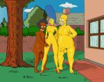  1girl 1girl 2boys apu_nahasapeemapetilon balding black_hair blue_hair breasts chubby dark-skinned_male erect_nipples fat_man flaccid hairy_balls half-erect homer_simpson imminent_sex imsmexyftw interracial large_penis long_foreskin male marge_simpson mature_female milf mustache naked_footwear naked_heels nipples no_pubic_hair nude partially_retracted_foreskin penis_size_difference public_nudity pussy straight the_simpsons threesome uncut yellow_skin 