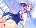  1girl ahegao anal ass blue_eyes blush breasts censored clothed_sex cum cum_in_ass cum_in_pussy cum_inside ejaculation from_behind fucked_silly futa_on_female futa_with_female futanari hair_ribbon hiiragi_kagami izumi_konata lucky_star makaroni one-piece_swimsuit open_mouth penis purple_hair ribbon saliva school_swimsuit sex sideboob solo_focus swimsuit tears tongue tongue_out torn_clothes translation_request trembling tsurime twintails 