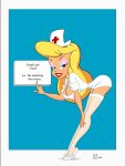  1girl 2006 animaniacs ass bending_over big_breasts big_breasts blonde_hair blue_eyes breasts cleavage deep_cleavage erect_nipples erect_nipples_under_clothes hair hello_nurse heloise_nerz high_heels huge_breasts lipstick long_legs sftoon stockings warner_brothers white_stockings 