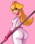  1girl absurd_res alluring ass big_breasts blonde_hair bodysuit breasts dat_ass gravey_draws high_res huge_ass legs long_hair mario_(series) nintendo pantylines parted_lips princess princess_peach sideboob smile the_super_mario_bros._movie thick_thighs thighs weapon 