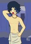  1boy artist_name blue_background blue_eyes blue_hair boy male male_only self_upload smgbullet towel towel_around_waist towel_only yaoi 