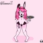  big_breasts big_thighs bunny_ears bunny_girl bunnysuit friday_night_funkin friday_night_funkin_mod holding_object mid-fight_masses pink_background pink_hair pink_skin sarvente_(dokki.doodlez) 