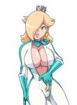  1girl alluring armwear big_breasts bikesuit blonde_hair blue_eyes bodysuit bottomwear breasts cleavage crown ear_piercing earrings female_only gloves hair hair_over_one_eye mario_(series) mature mature_female mature_woman neckwear nintendo outfit pants princess_rosalina rosalina scittykitty solo_female super_mario_bros. teal_gloves the_super_mario_bros._movie tight_clothing topwear unzipped unzipped_bodysuit 