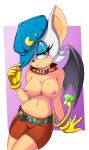 1girl 2020s 2023 alternate_costume anthro anthro_only areola bandai_namco bare_shoulders bat bat_ears bat_wings belt big_breasts blue_eyes blush breasts cap chaos_emerald choker collar cosplay crossover crossover_cosplay eyelashes eyeliner female_only furry furry_female gem gloves hat high_res klonoa klonoa_(cosplay) klonoa_(series) lipstick looking_at_viewer midriff navel nipples no_bra red_shorts rouge_the_bat sega shorts solo_female sonic_the_hedgehog_(series) tail topless topless_anthro topless_female white_fur wings yellow_gloves yellowjello