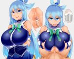 1boy 1girl alternate_breast_size aqua_(konosuba) bangs bare_shoulders between_breasts big_breasts blue_eyes blue_hair blue_skirt breast_hold breast_squeeze breasts censor_bar censored clothed_female clothed_female_nude_male cum cum_between_breasts detached_sleeves dress ejaculation_between_breasts erection facominn female_focus goddess hair_rings high_res high_resolution huge_breasts instant_loss_2koma kono_subarashii_sekai_ni_shukufuku_wo! long_hair looking_at_viewer male male/female matching_hair/eyes mature mature_female miniskirt nude paizuri penis pointless_censoring pov pov_eye_contact simple_background sitting sitting_on_lap sitting_on_person skirt smug speech_bubble spoken_object straight tagme very_long_hair