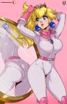 1girl alluring ass belt biker_clothes bikesuit blonde_hair blue_eyes bodysuit breasts cleavage dat_ass female_only gloves high_res jewelry knee_pads kyoffie mario_(series) mirror nintendo pantylines ponytail princess_peach reflection scarf skin_tight super_mario_bros. the_super_mario_bros._movie tight_clothing