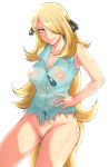 1girl :p blonde_hair blue_eyes bottomless breasts cleavage creatures_(company) cynthia_(pokemon) game_freak hair_ornament hair_over_one_eye highres huge_breasts humans_of_pokemon large_breasts long_hair nintendo nipples no_panties pokemon pokemon_(anime) pokemon_black_2_&amp;_white_2 pokemon_black_and_white pokemon_bw pokemon_bw2 pokemon_diamond_pearl_&amp;_platinum pokemon_dppt pussy satoshi_(pokemon) see-through shaved_pussy shirona_(pokemon) smile tongue tongue_out torn_clothes turizao very_long_hair white_background