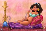 1girl aladdin_(series) alluring bottomless disney disney_princess female_only hookah looking_at_viewer naked_from_the_waist_down on_side princess_jasmine pubic_hair reclining smoking tagme zandersnazz