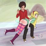 1boy 1girl ass blonde_hair blue_eyes brown_eyes brown_hair canon_couple horns marco_diaz over_the_knee red_ass spanking star_butterfly star_vs_the_forces_of_evil viklay