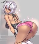  1girl :d antennae ass bare_shoulders bee_girl bent_over blush breasts cameltoe dark_skin female heart houtengeki large_breasts looking_at_viewer open_mouth original pink_eyes red_eyes shiny shiny_skin short_hair silver_hair smile solo 