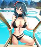 1girl alluring alternate_costume big_breasts bikini breasts byleth_(fire_emblem) byleth_(fire_emblem)_(female) byleth_(summer)_(fire_emblem)_(female) cleavage clothed clothing fire_emblem fire_emblem:_three_houses fire_emblem_heroes hartman_hips hips hourglass_figure looking_at_viewer nintendo official_alternate_costume one_leg_up seductive smile swimming_pool swimsuit tea_texiamato teal_hair tiamato wide_hips