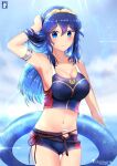  1girl 1girl alluring alternate_breast_size arm_up big_breasts blue_eyes blue_hair blush breasts chinchongcha cleavage closed_mouth fire_emblem fire_emblem_awakening fire_emblem_cipher high_res innertube long_hair looking_at_viewer lucina lucina_(fire_emblem) navel nintendo smile swimsuit tiara 