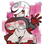  1girl bar_censor black_dress breasts_out_of_clothes censored_pussy clothing_lift dress functionally_nude hair_over_one_eye huge_breasts looking_at_viewer monodie nipples pussy red_eyes red_highlights sage_(sonic) sega shortstack solo_focus sonic_frontiers thick_thighs two_tone_hair white_hair wide_hips 