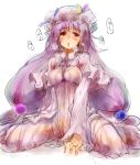  1girl breasts crescent female hat impossible_clothes impossible_clothing long_hair patchouli_knowledge purple_eyes purple_hair saliva see-through sketch solo sweat tears touhou ukyo_rst very_long_hair 