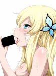  1girl aqua_eyes blonde_hair blush boku_wa_tomodachi_ga_sukunai breasts butterfly_hair_ornament censored chance_m chance_maker cum cum_in_mouth cum_on_body cum_on_breasts cum_on_hair cum_on_tongue cum_on_upper_body ejaculation face facial fellatio female hair_ornament hetero kashiwazaki_sena long_hair nude open_mouth oral profile simple_background solo_focus sweat tongue tongue_out white_background 