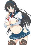  1girl black_hair black_legwear blue_eyes blush breast_hold breasts female glasses hairband hip_vent kantai_collection large_breasts long_hair navel ninmu_musume oona_mitsutoshi ooyodo_(kantai_collection) simple_background skirt solo thighhighs underboob white_background 