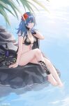 1girl alluring alternate_costume artist_name bangs barefoot big_breasts bikini black_bikini black_cape black_swimsuit breasts byleth_(fire_emblem) byleth_(fire_emblem)_(female) byleth_(summer)_(fire_emblem)_(female) cape cleavage dagger fire_emblem fire_emblem:_three_houses fire_emblem_heroes flower hair_between_eyes hair_flower hair_ornament hibiscus high_res knife leaf long_hair looking_at_viewer moja_(moquackja) moja_(rainpoow) moquackja official_alternate_costume parted_lips partially_submerged purple_eyes red_flower signature sitting swimsuit teal_hair toes water weapon