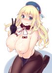  1girl :q atago_(kantai_collection) between_legs blonde_hair blush breasts cum cum_on_body cum_on_breasts cum_on_upper_body facial female gloves green_eyes hand_between_legs hat kantai_collection kinoshita_mokeko large_breasts long_hair looking_at_viewer mokeco3 nipples pantyhose seiza simple_background sitting smile solo tongue tongue_out topless v white_background 