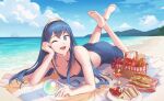  1girl :d alluring apple awan0918 bare_shoulders barefoot beach bikini bikini_top_only blue_bikini blue_eyes blue_hair blue_sarong blue_sky breasts cleavage cloud commentary crossed_legs cup day drink drinking_glass english_commentary feet fire_emblem fire_emblem_awakening fire_emblem_heroes food fruit full_body hair_between_eyes horizon long_hair looking_at_viewer lucina_(fire_emblem) lying medium_breasts mountainous_horizon nintendo ocean official_alternate_costume on_stomach one_eye_closed open_mouth orb picnic_basket plate sand sandwich sarong ship shore sky smile swimsuit tiara towel watercraft waves wine_glass 