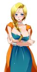  1girl areola_slip areolae artist_request bianca_(dragon_quest) bianca_whitaker blonde_hair blue_eyes blush braid braided_hair breasts cape crossed_arms dragon_quest dragon_quest_v dress earrings embarrassed female hair_over_shoulder highres huge_breasts jewelry large_breasts long_hair looking_at_viewer milf nude simple_background single_braid solo square_enix standing white_background 