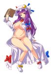  1girl belly book bow breasts crescent female hair_bow hat highres large_breasts long_hair navel nekomamire no_bra open_clothes panties patchouli_knowledge plump purple_hair shoes simple_background sitting skindentation solo striped striped_panties touhou underwear white_background 